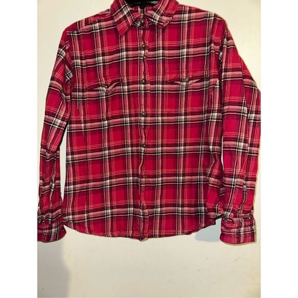 Carhartt Womens Size Large 12/14 Red Plaid Flannel 2 Pockets Long Sleeve Shirt - Picture 1 of 4